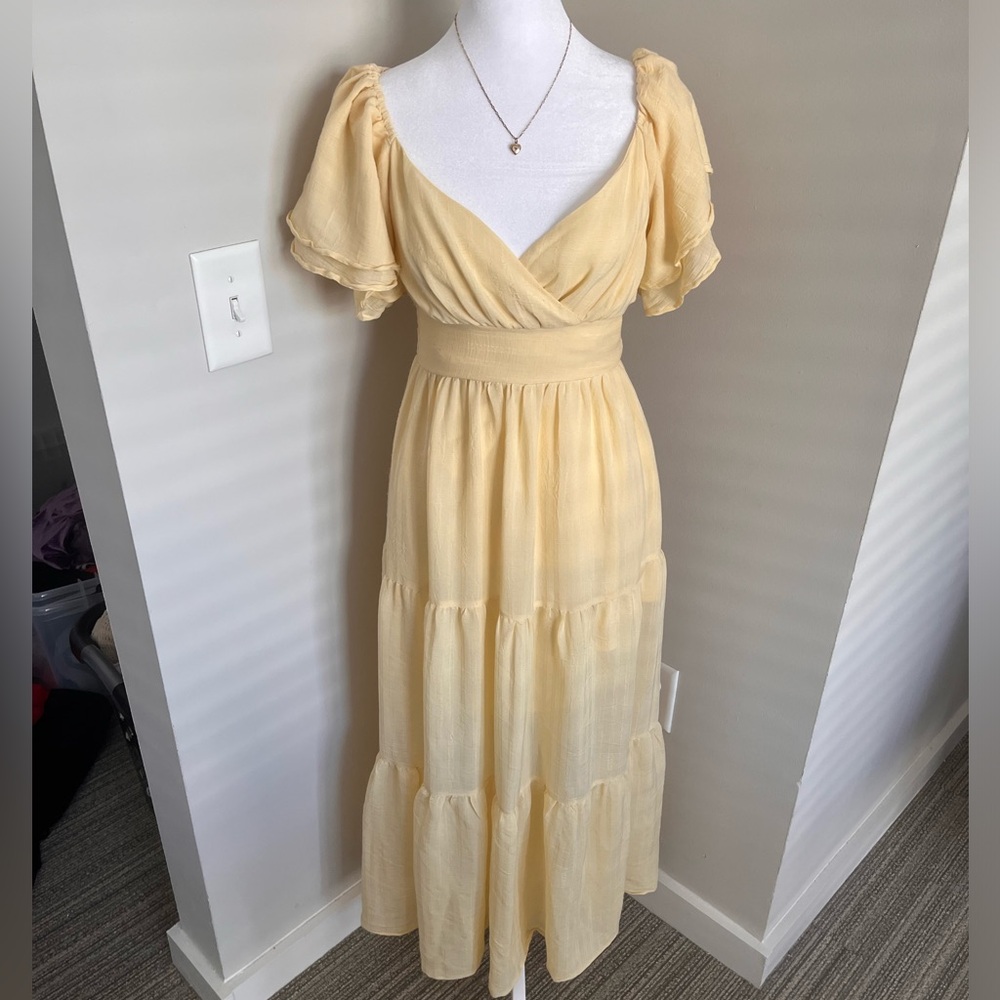 Yellow Tiered Ruffled Sundress with Flutter Sleeves
